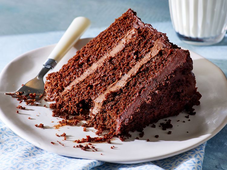 A big piece of chocolate cake on a white plate.